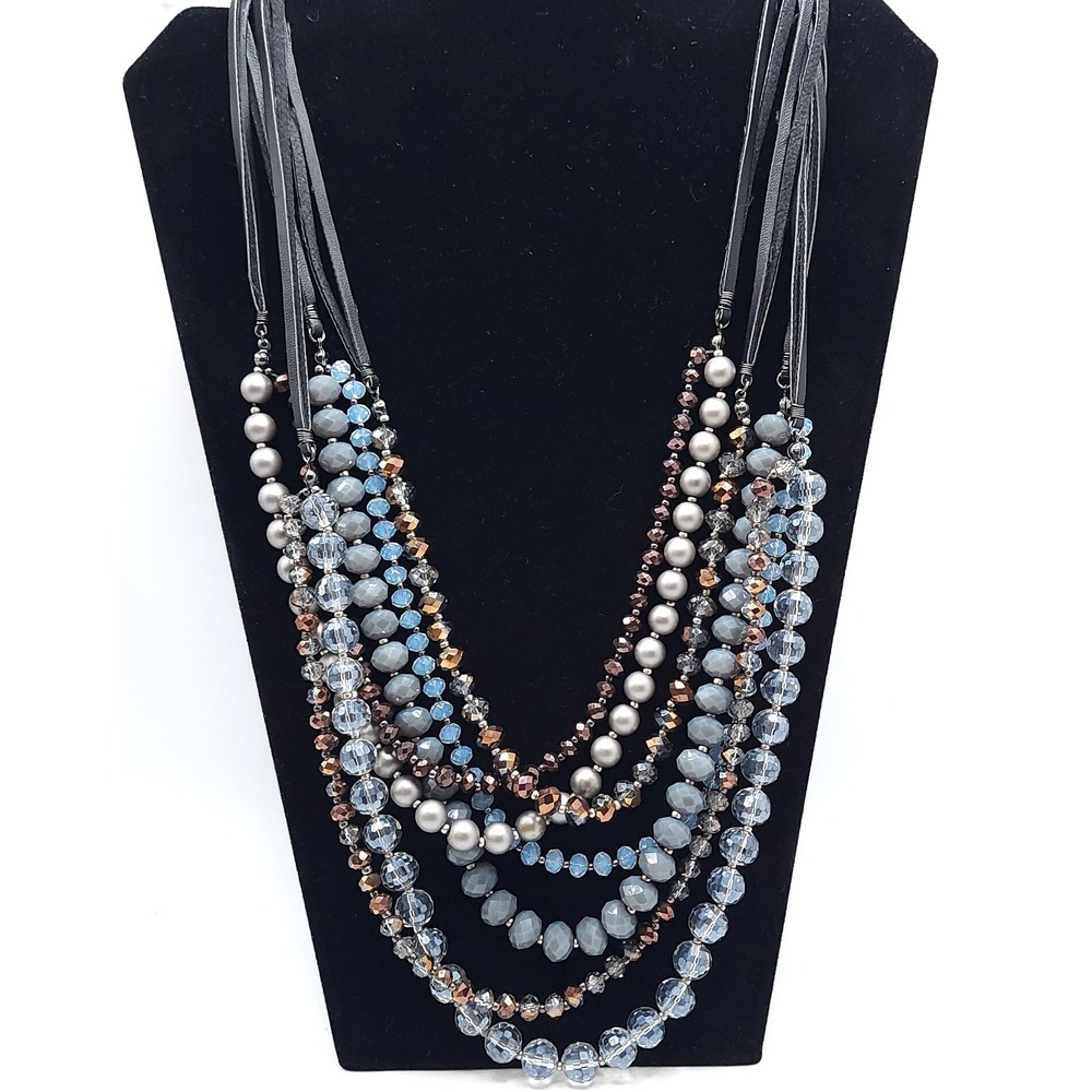 LOFT Multi Strand Necklace Gray Blue Glass Beads 26in